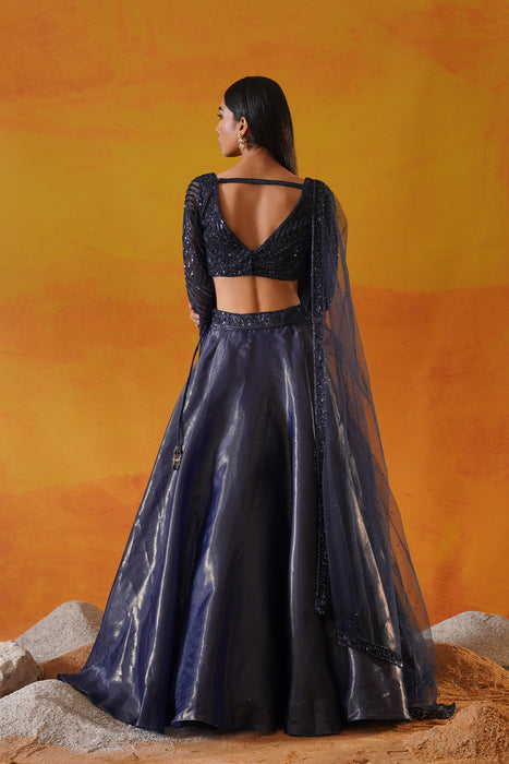 Navy blue tisue organza lehenga choli set