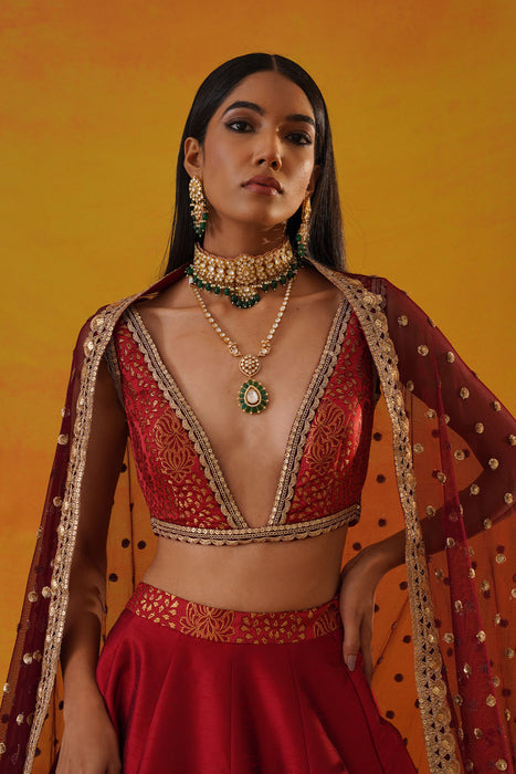 Maroon tafta silk  lehenga
 choli set