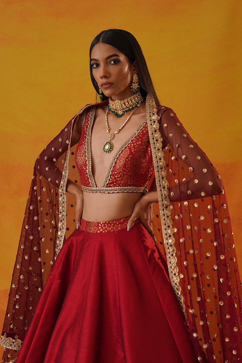 Maroon tafta silk  lehenga
 choli set