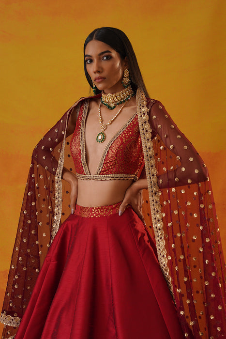 Maroon tafta silk  lehenga
 choli set