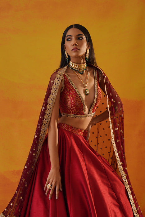 Maroon tafta silk  lehenga
 choli set