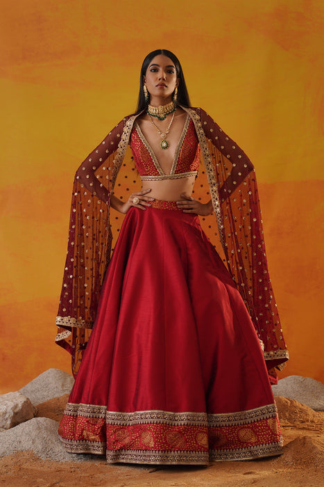 Maroon tafta silk  lehenga
 choli set