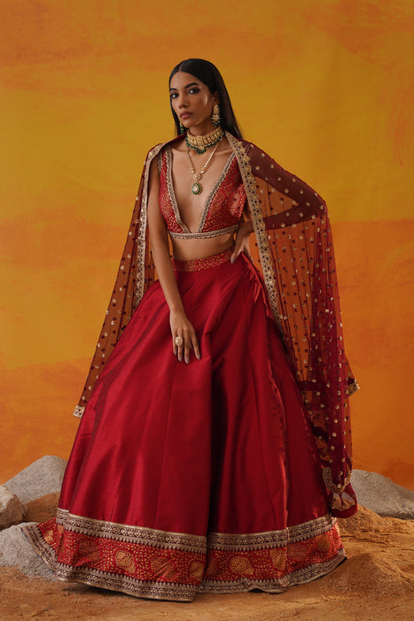 Maroon tafta silk  lehenga
 choli set