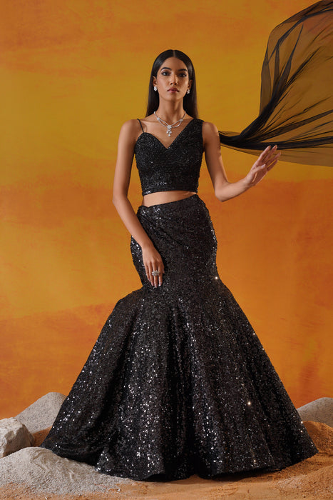 Black sequins net lehenga choli set