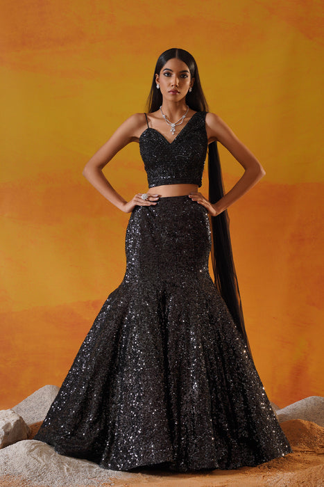 Black sequins net lehenga choli set