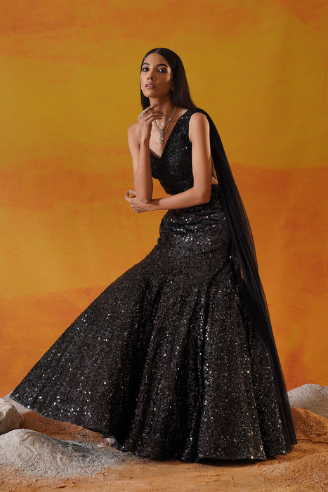 Black sequins net lehenga choli set