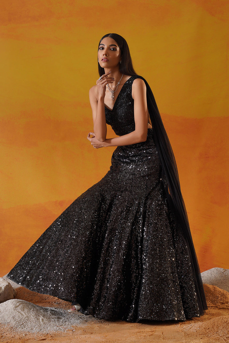 Black sequins net lehenga choli set