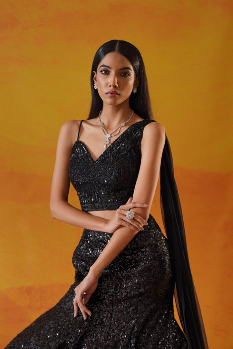 Black sequins net lehenga choli set