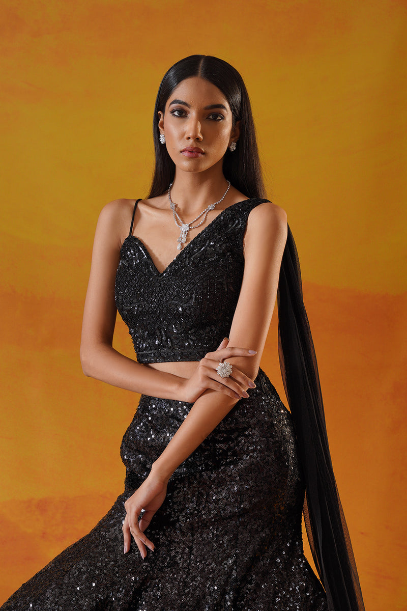 Black sequins net lehenga choli set