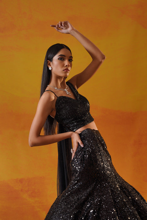 Black sequins net lehenga choli set