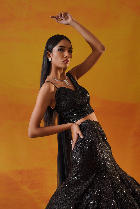 Black sequins net lehenga choli set