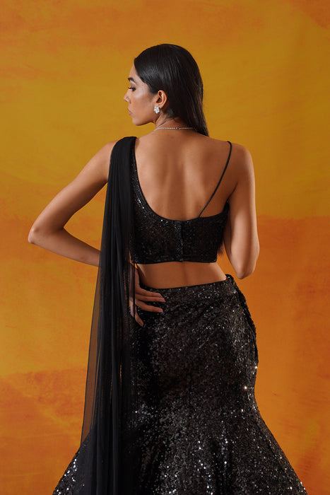 Black sequins net lehenga choli set