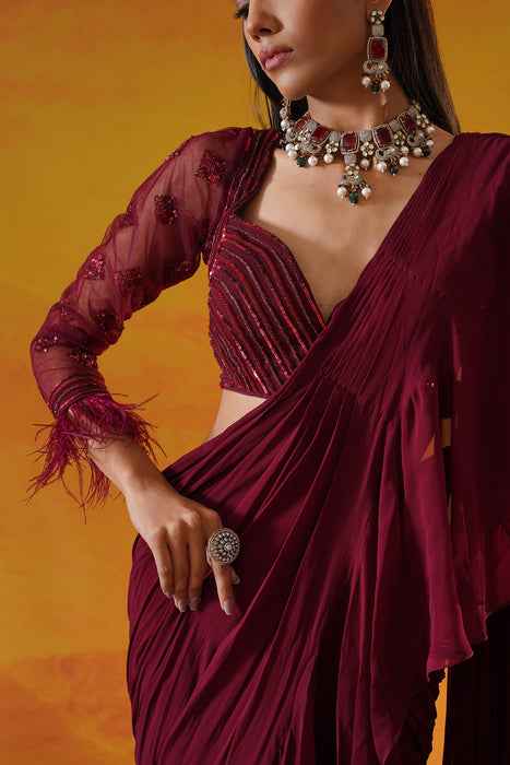 Maroon georgette saree set