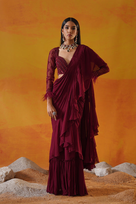 Maroon georgette saree set