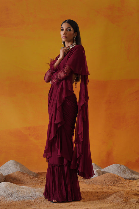 Maroon georgette saree set