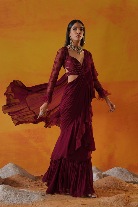 Maroon georgette saree set