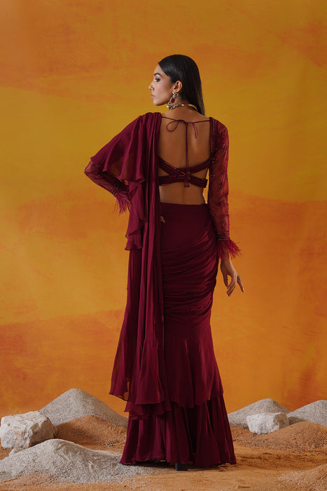 Maroon georgette saree set