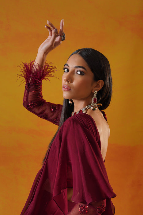 Maroon georgette saree set