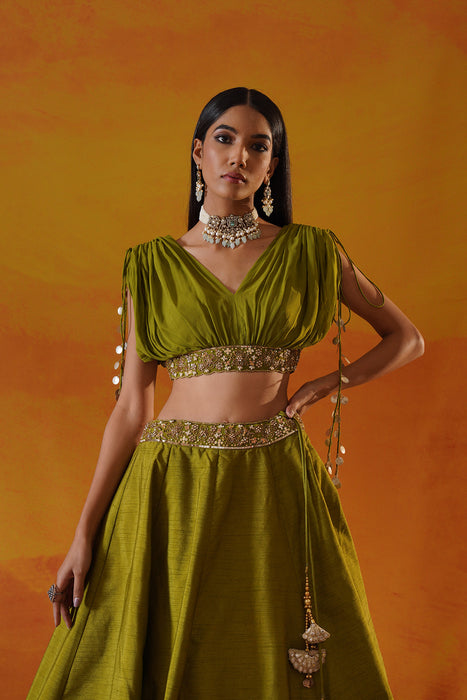 Green dupion silk lehenga choli set