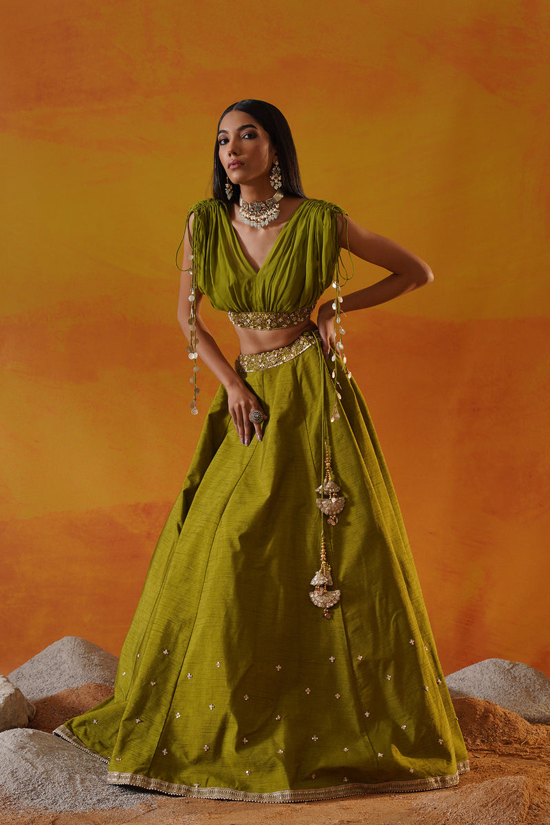 Green dupion silk lehenga choli set
