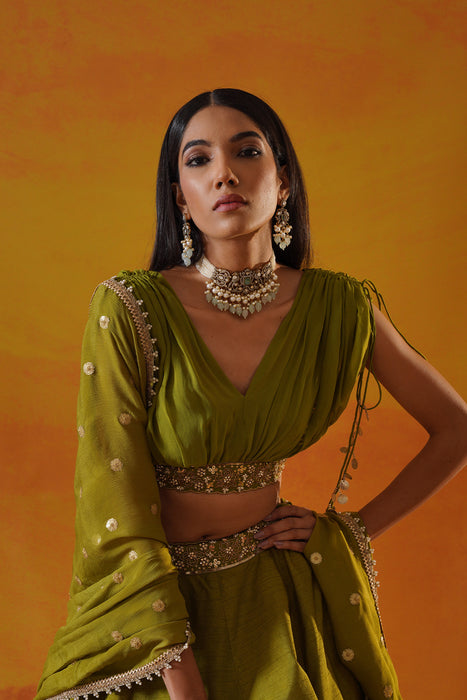 Green dupion silk lehenga choli set