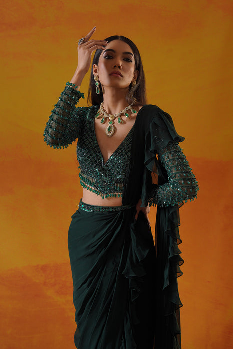 Forest green georgette saree set