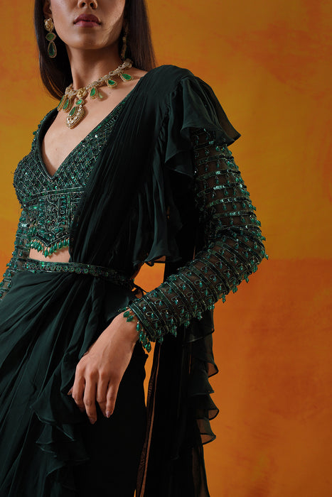 Forest green georgette saree set