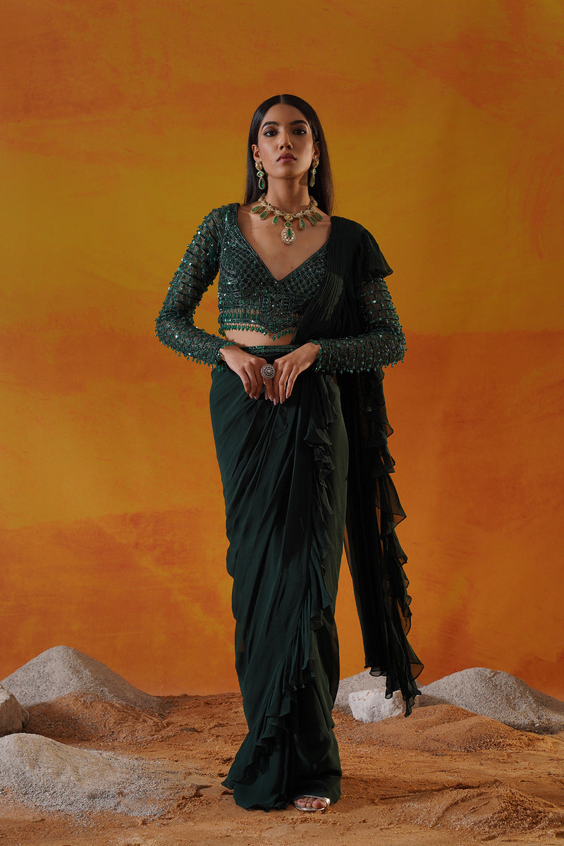 Forest green georgette saree set