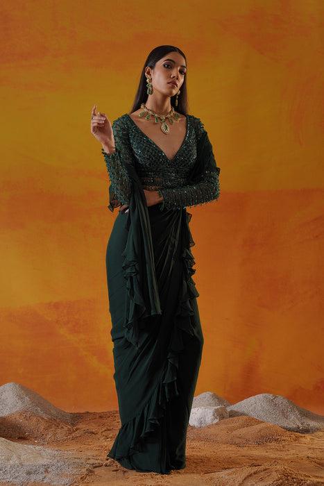 Forest green georgette saree set