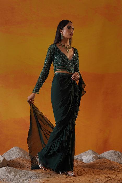 Forest green georgette saree set