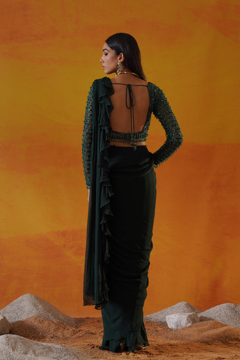 Forest green georgette saree set