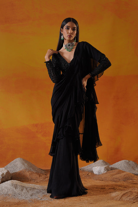 Black georgette saree set