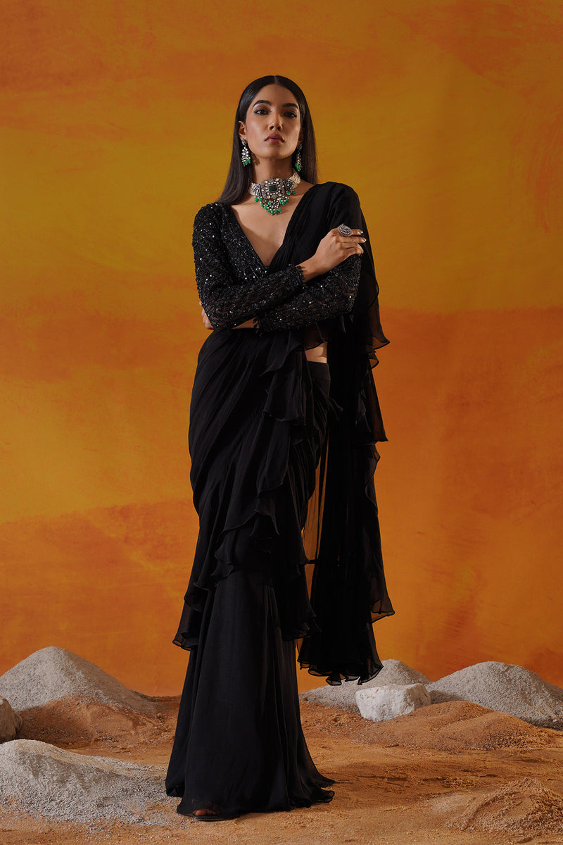 Black georgette saree set