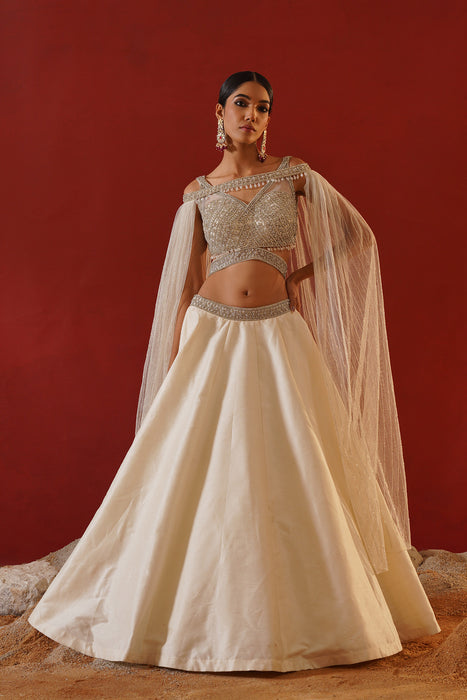 Ivory dupion silk lehenga 
choli set