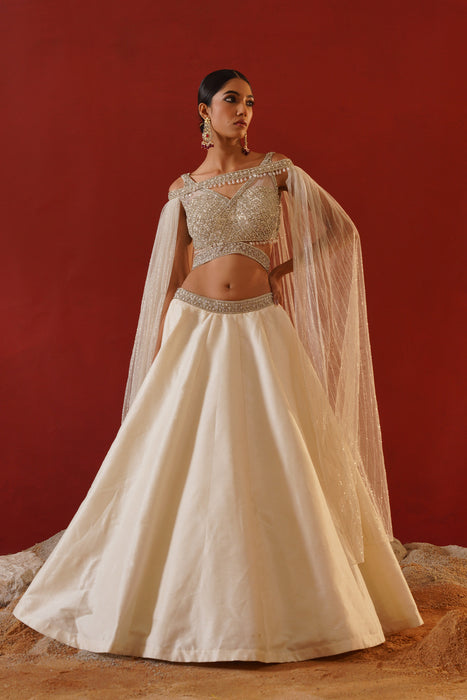 Ivory dupion silk lehenga 
choli set