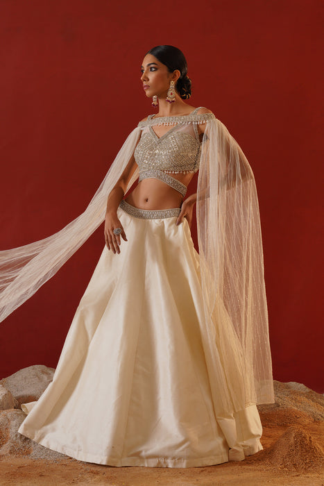 Ivory dupion silk lehenga 
choli set