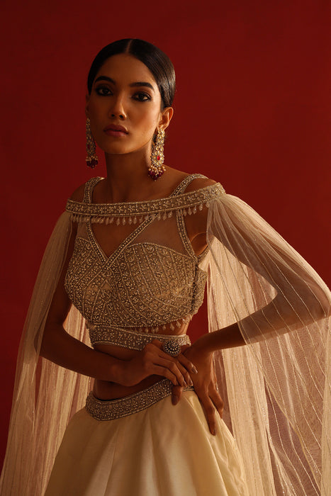 Ivory dupion silk lehenga 
choli set