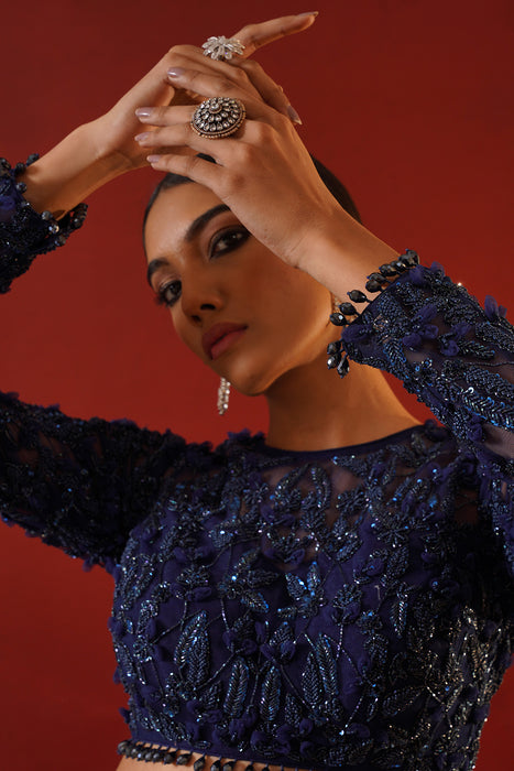 Navy blue dupion silk lehenga choli set