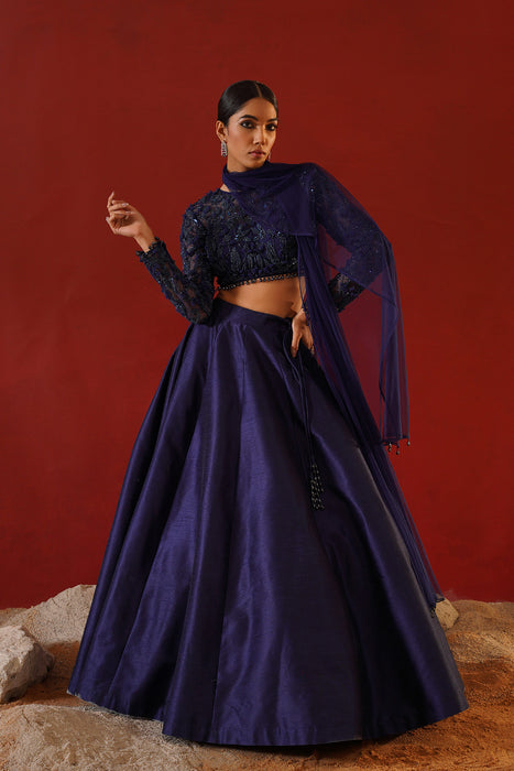 Navy blue dupion silk lehenga choli set