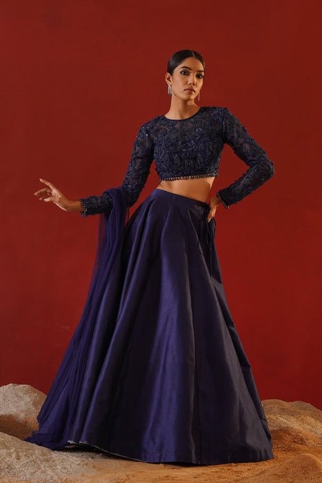 Navy blue dupion silk lehenga choli set
