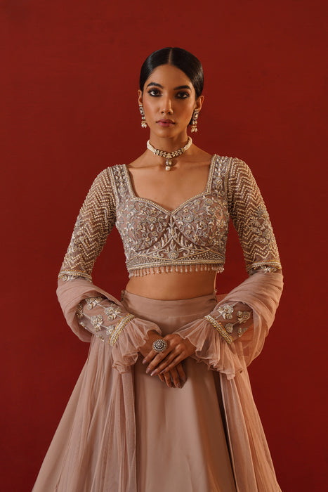 Beige satin lehenga choli set
