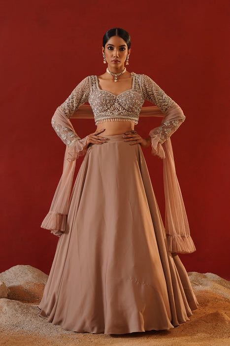 Beige satin lehenga choli set