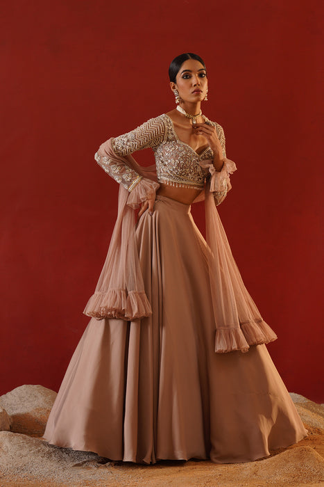 Beige satin lehenga choli set