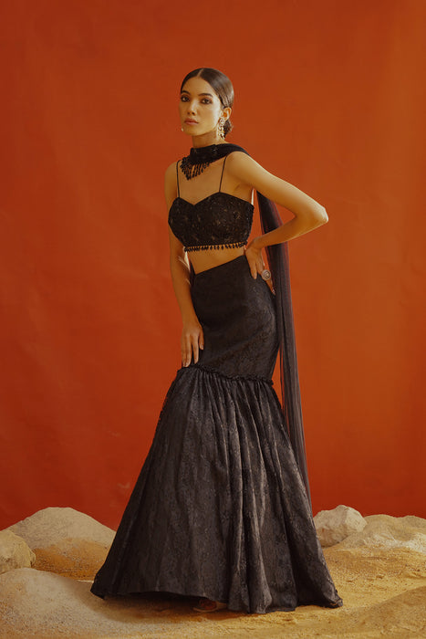 Black net lace lehenga choli set