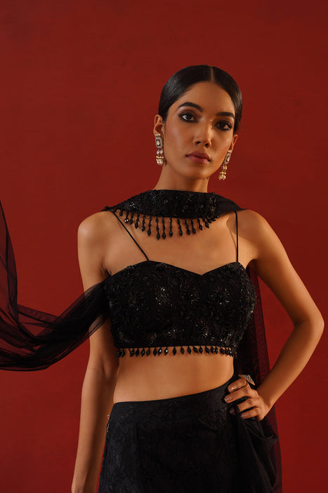 Black net lace lehenga choli set