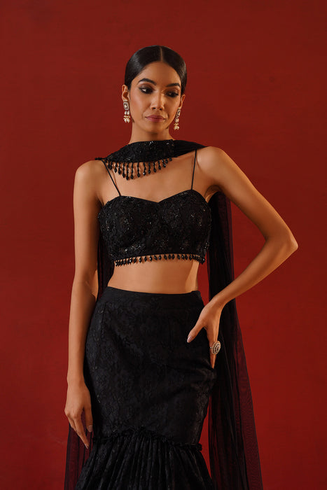 Black net lace lehenga choli set