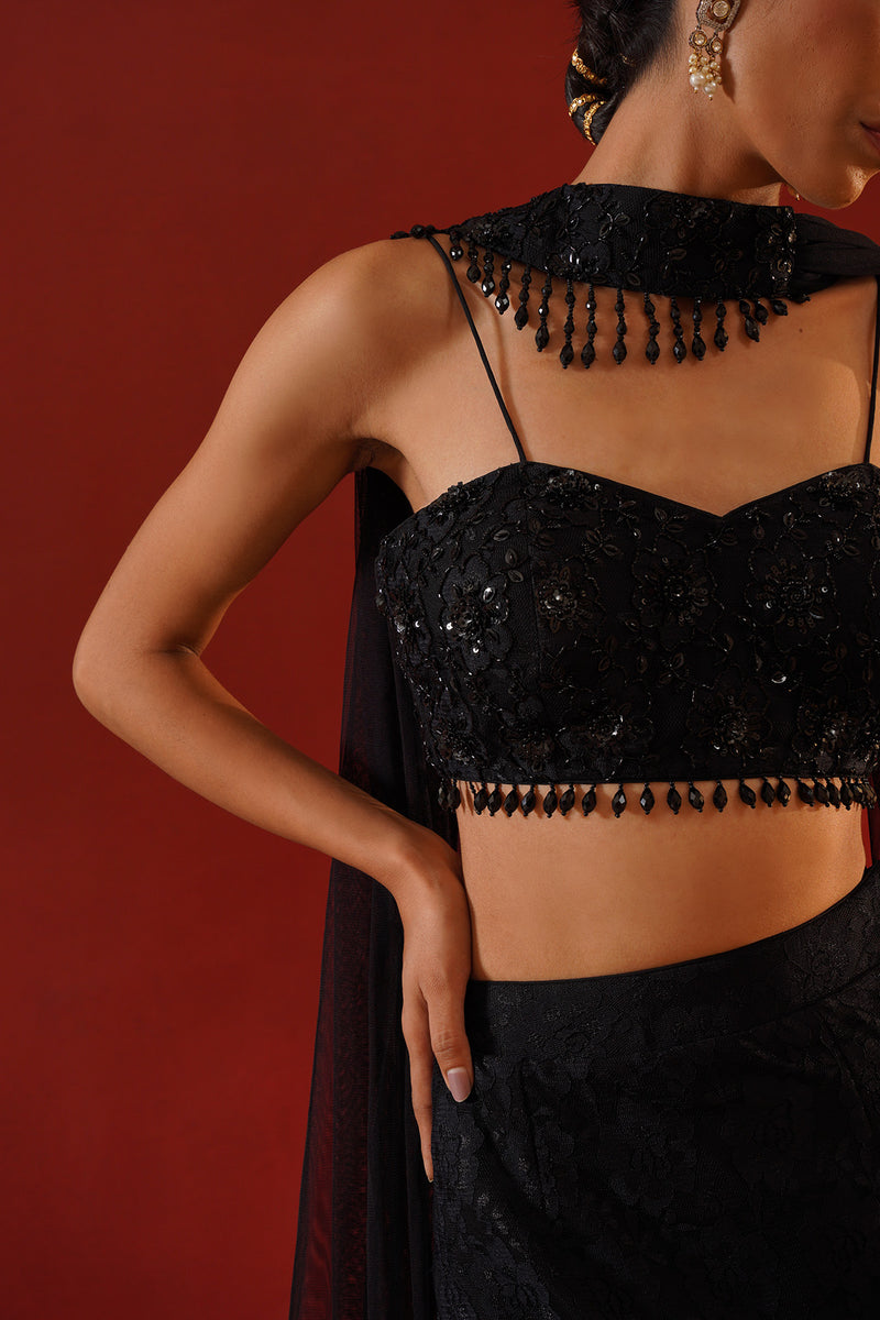 Black net lace lehenga choli set