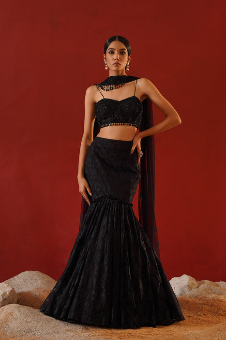Black net lace lehenga choli set