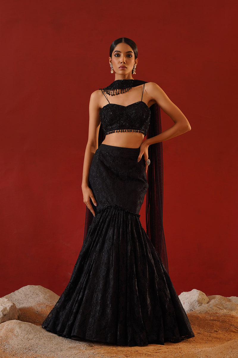 Black net lace lehenga choli set