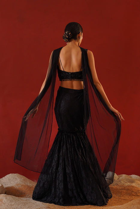 Black net lace lehenga choli set